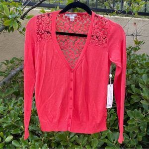 🧥COCO ROJA SWEATER/CARDIGAN Sz S beautiful soft red w/ floral lace. NWT